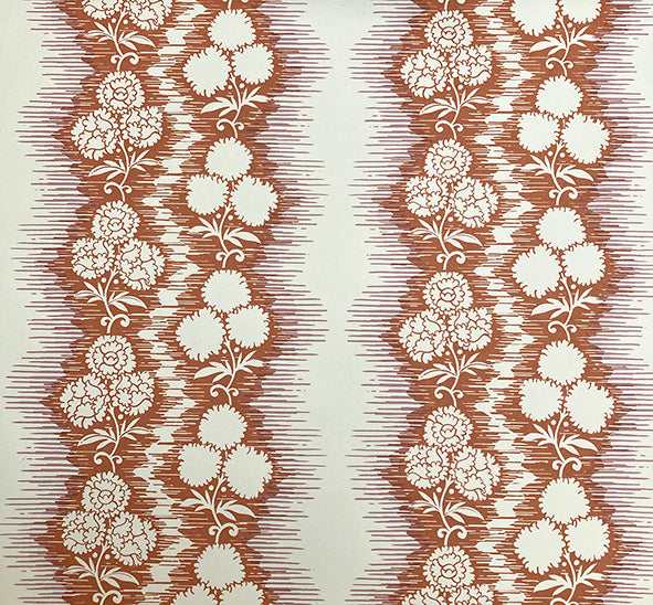 Wallpaper in a botanical stripe print in rust on a white field.