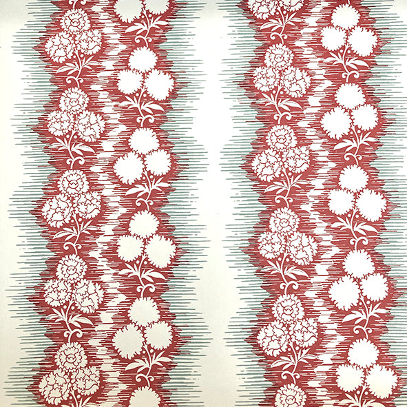 Wallpaper in a botanical stripe print in red and gray-blue on a white field.