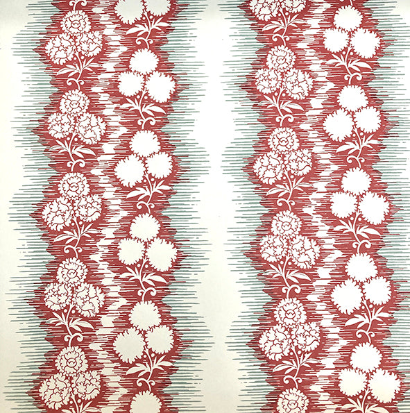 Wallpaper in a botanical stripe print in red and gray-blue on a white field.