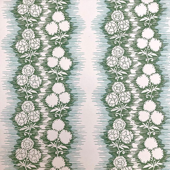 Wallpaper in a botanical stripe print in blue and sage on a white field.