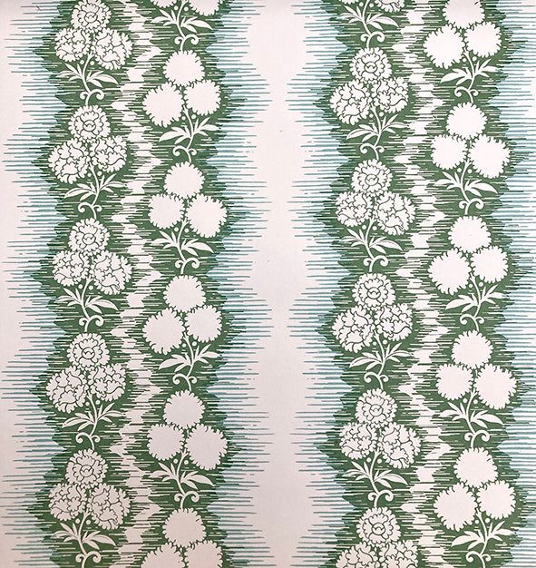 Wallpaper in a botanical stripe print in blue and sage on a white field.