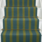 Striped flatweave runner in green and blue on white staircase