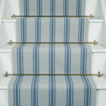 Striped flatweave runner in light blue and medium blue on white staircase