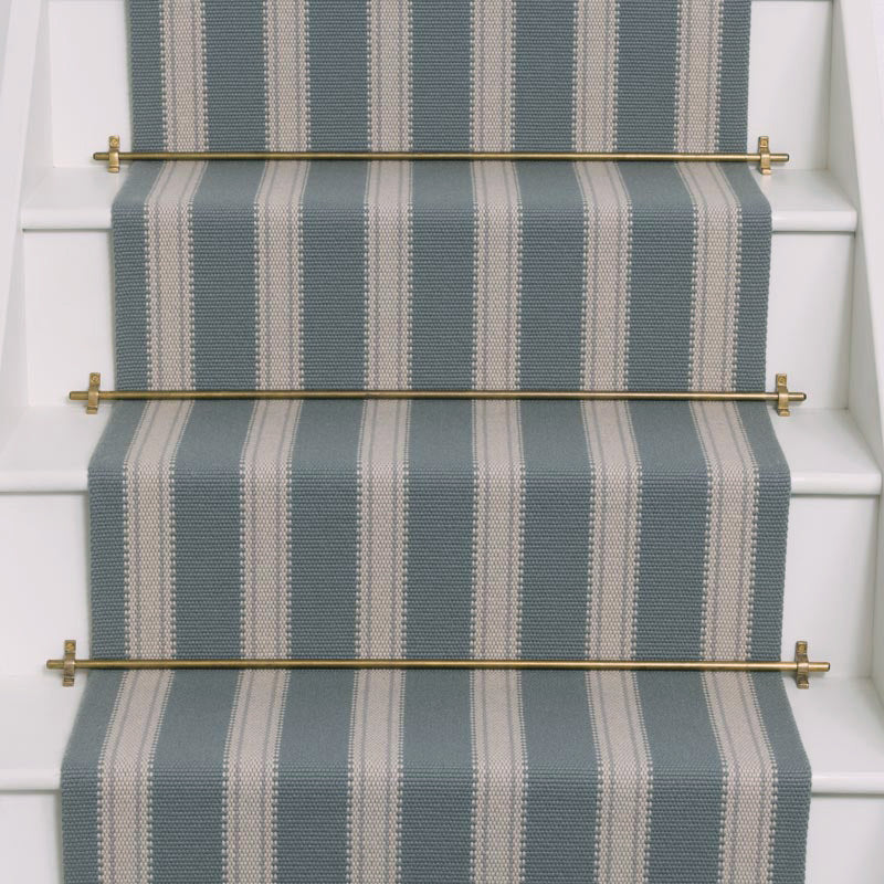 Striped flatweave runner in grey and taupe on white staircase