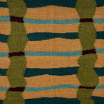 Detail of a flatwoven rug with a abstract stripe design in teal, turquoise, tan, olive green and brown.