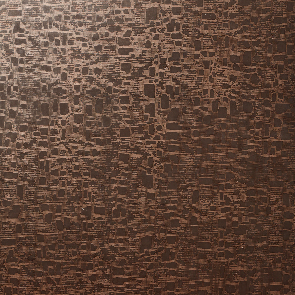 Detail of wallpaper in an irregular textural print in metallic brown on a brown field.