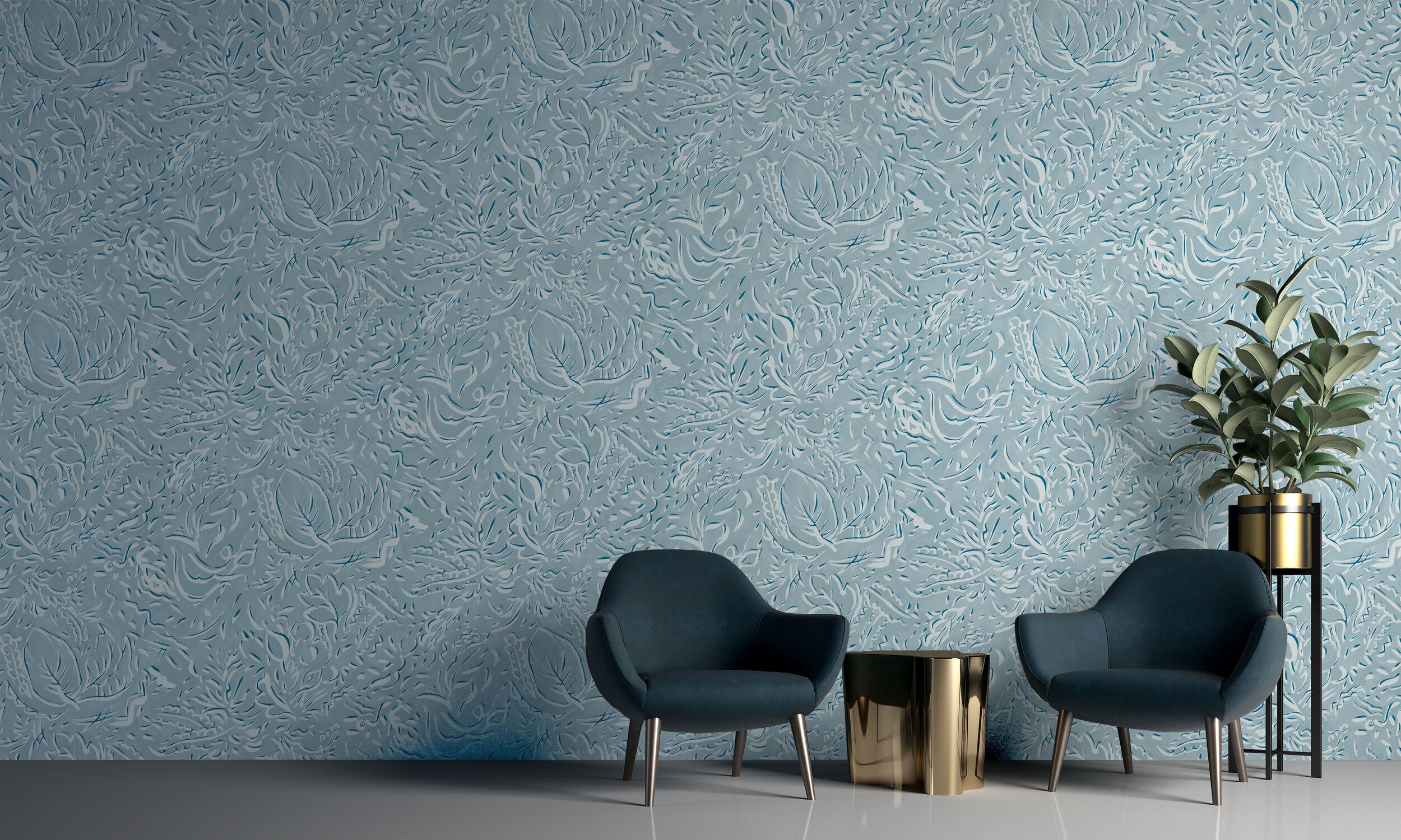 Two navy lounge chairs in front of a wall papered in a painterly botanical print in white and blue on a light blue field.