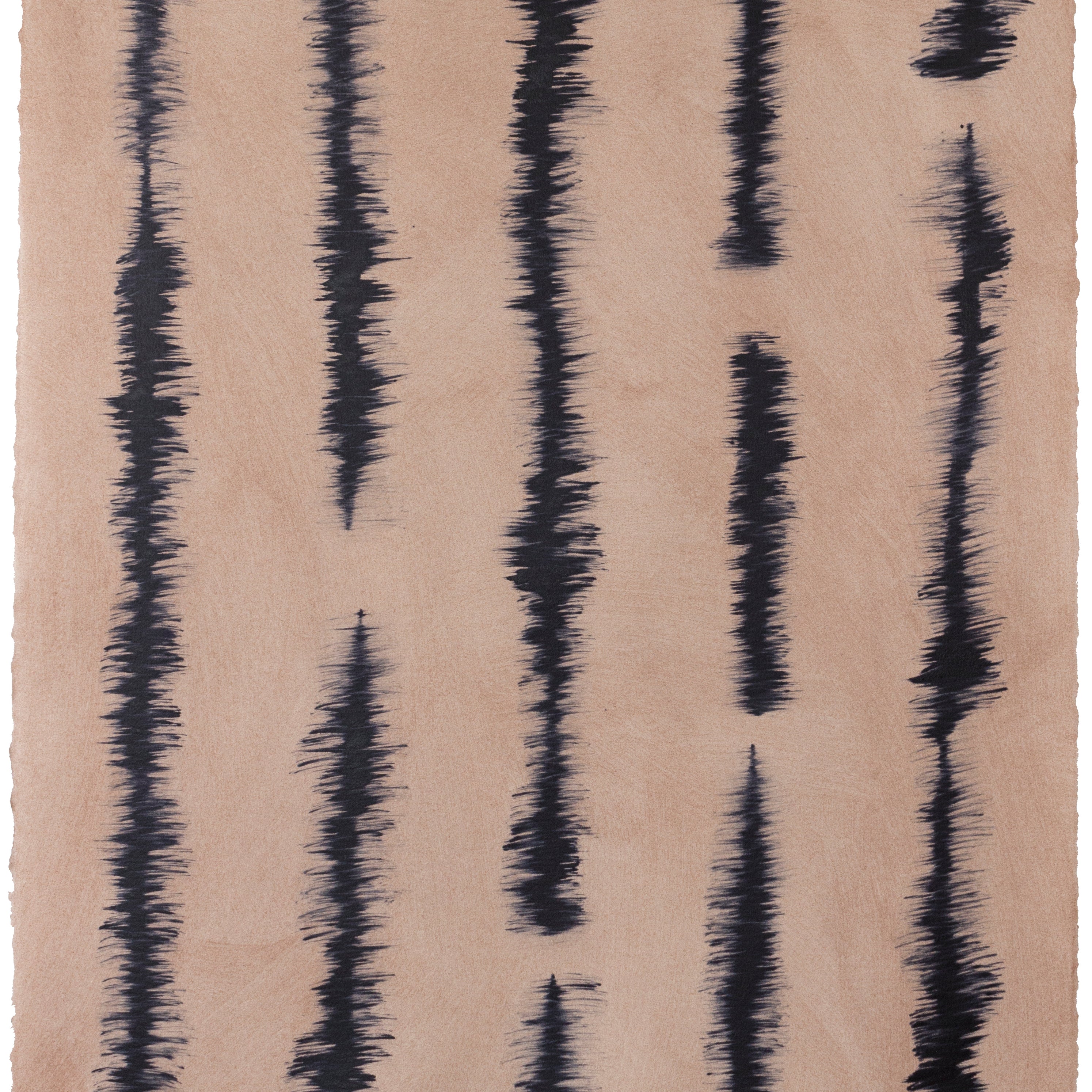 Sheet of hand-painted wallpaper with an irregular vibrating linear pattern in navy on a tan field.