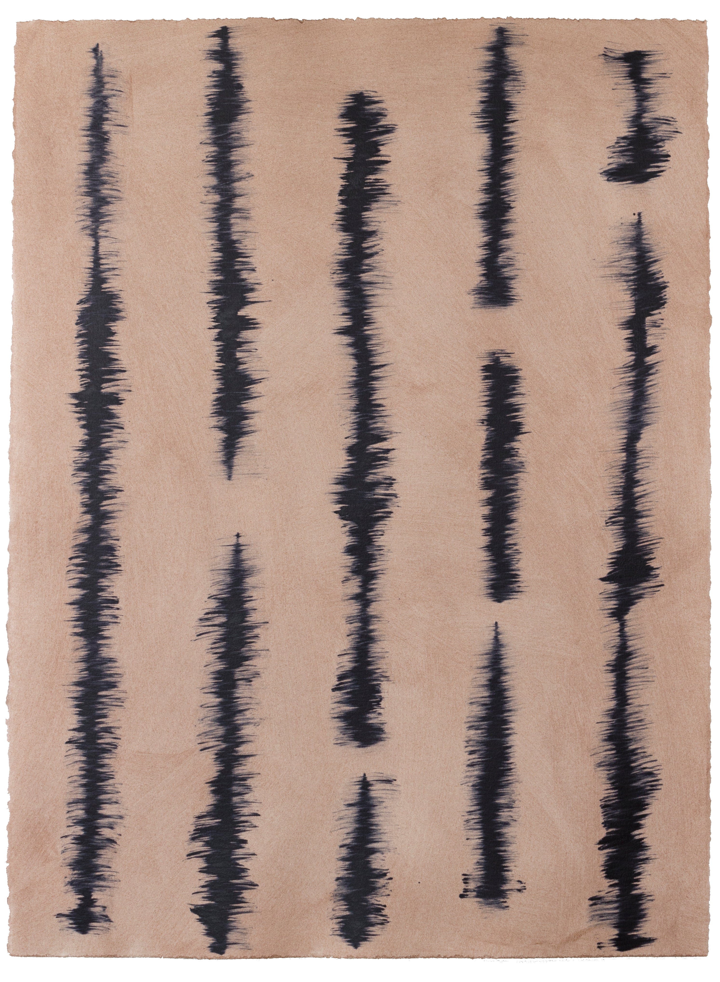 Sheet of hand-painted wallpaper with an irregular vibrating linear pattern in navy on a tan field.