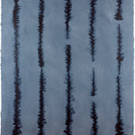 Sheet of hand-painted wallpaper with an irregular vibrating linear pattern in navy on a blue field.