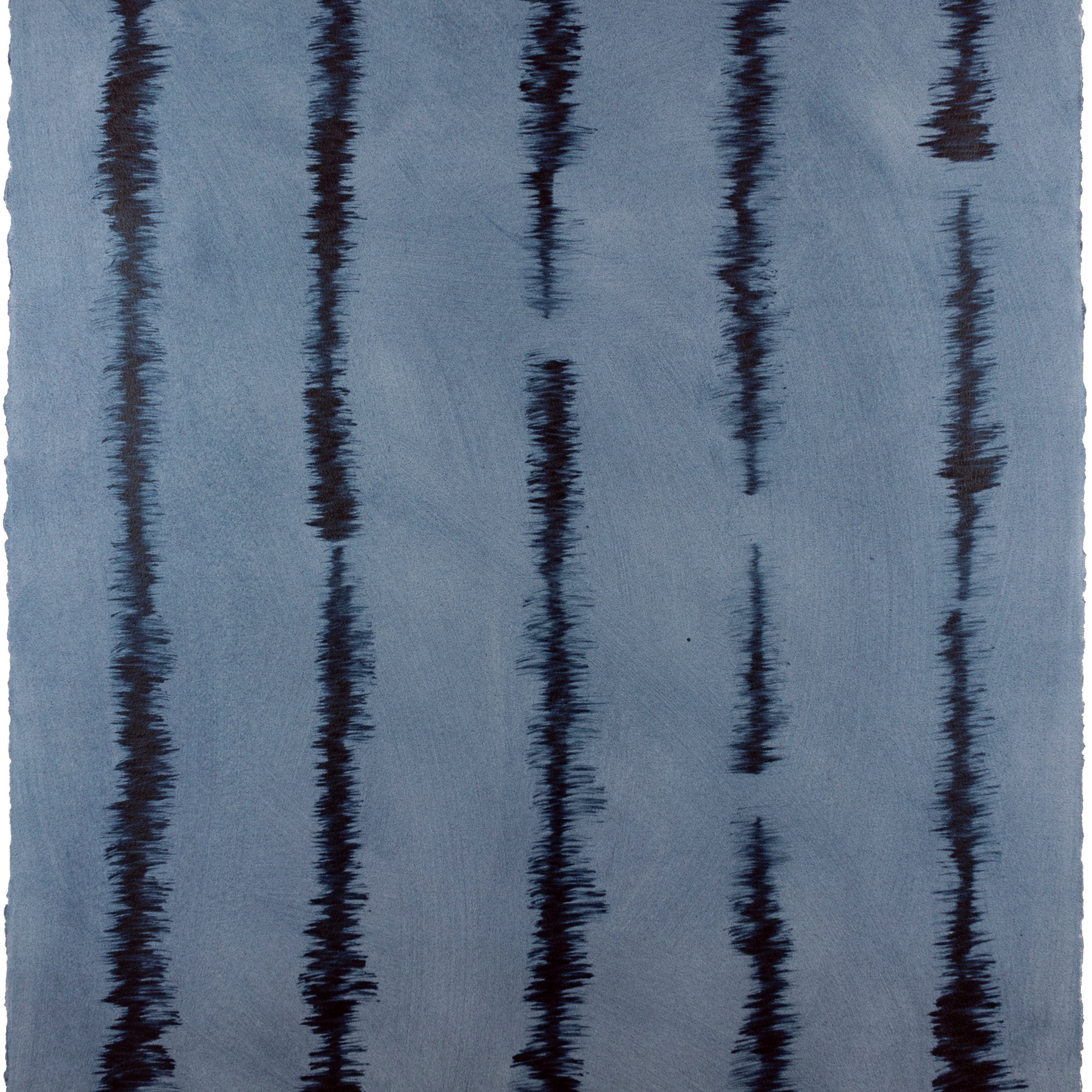 Sheet of hand-painted wallpaper with an irregular vibrating linear pattern in navy on a blue field.