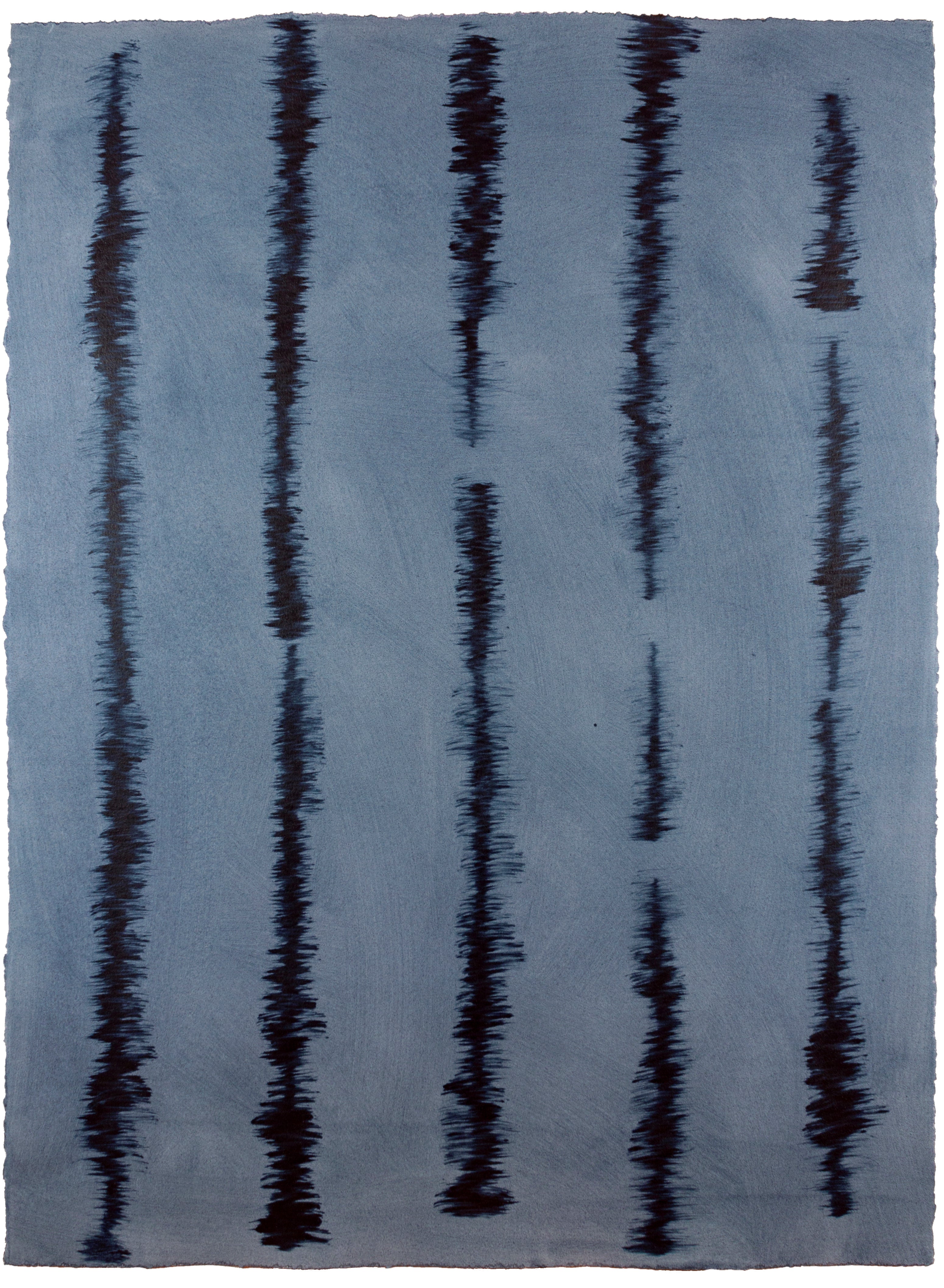 Sheet of hand-painted wallpaper with an irregular vibrating linear pattern in navy on a blue field.