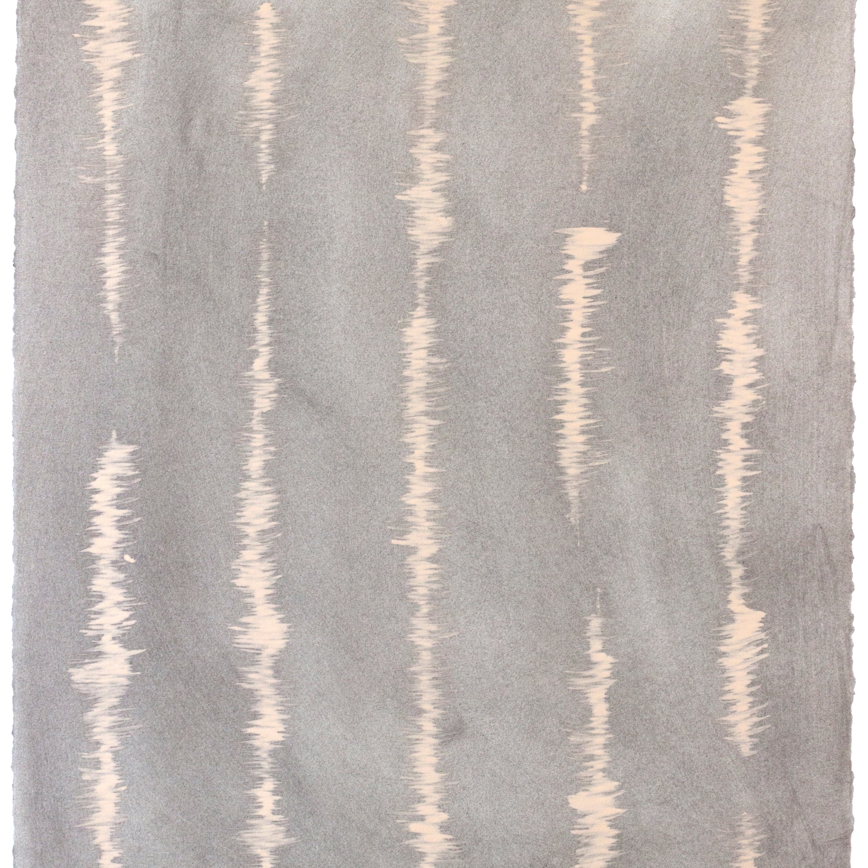 Sheet of hand-painted wallpaper with an irregular vibrating linear pattern in peach on a greige field.
