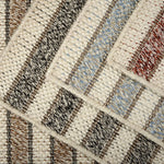 Close-up of textured area rugs with striped pattern in various colors. 