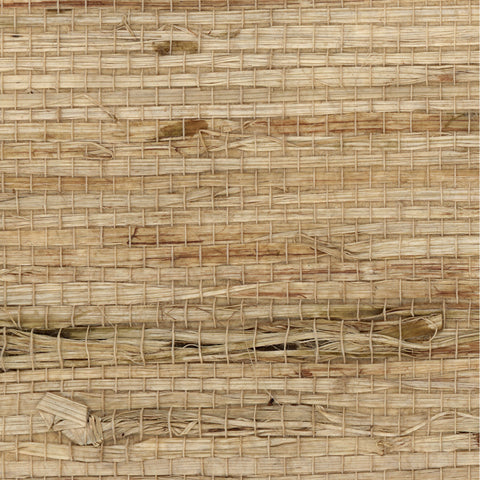 Detail of an arrowroot grasscloth wallpaper panel with a textured weave in shades of tan.