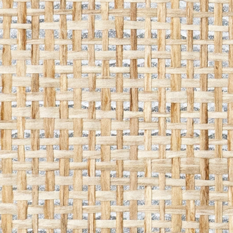 Detail of a paperweave grasscloth wallpaper in tan on a metallic paper backing.