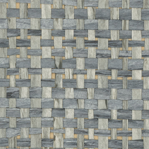 Detail of a paperweave grasscloth wallpaper in blue-gray on a tan paper backing.