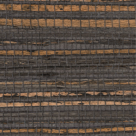 Detail of a jute grasscloth wallpaper in shades of black and brown on a paper backing.