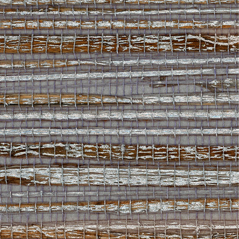 Detail of a metallic-rubbed jute grasscloth wallpaper in gray and tan with a paper backing.