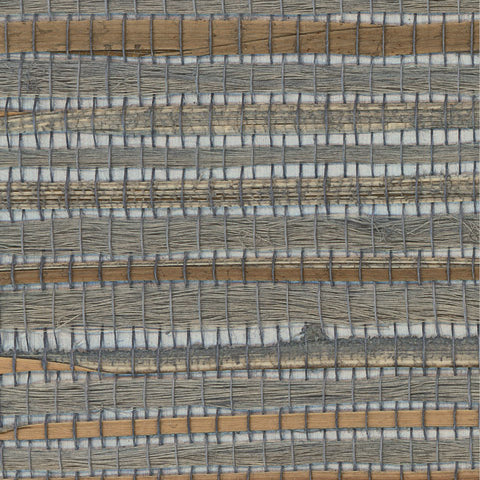 Detail of a jute grasscloth wallpaper in shades of gray and tan on a glossy metallic paper.