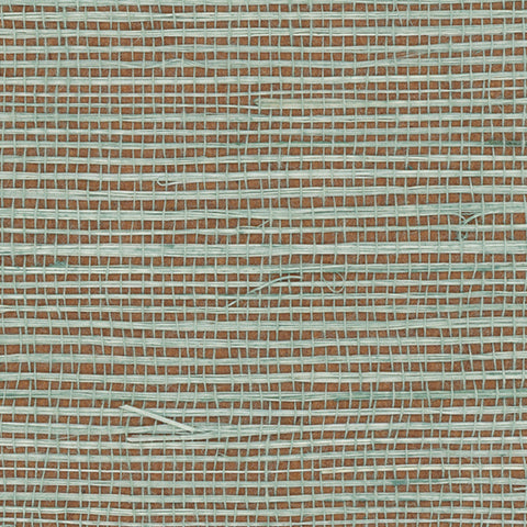 Detail of a sisal grasscloth wallpaper in pastel blue on a brown paper backing.