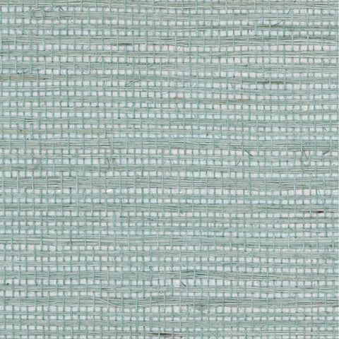 Detail of a sisal grasscloth wallpaper in pastel blue on a white paper backing.