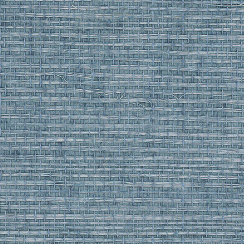 Detail of a sisal grasscloth wallpaper in mottled blue on a paper backing.