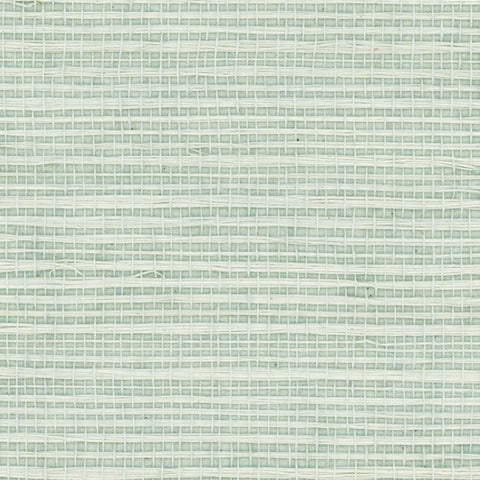 Detail of a sisal grasscloth wallpaper in cream on a pastel blue paper backing.