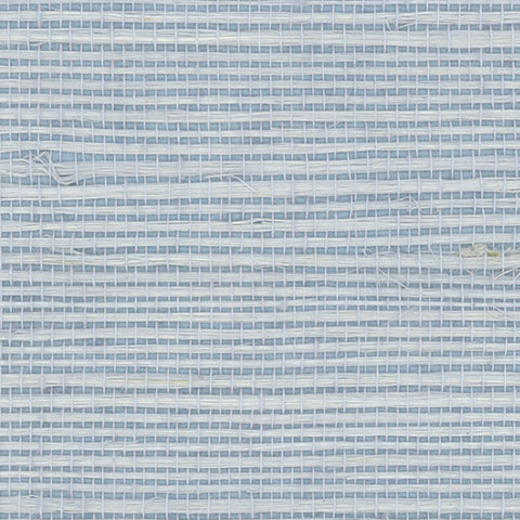 Detail of a sisal grasscloth wallpaper in light gray on a blue paper backing.