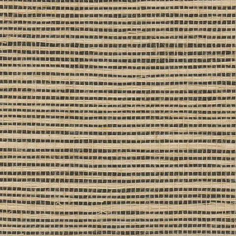Detail of a sisal grasscloth wallpaper in tan on a black paper backing.
