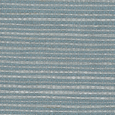 Detail of a sisal grasscloth wallpaper in gray on a blue-green paper backing.