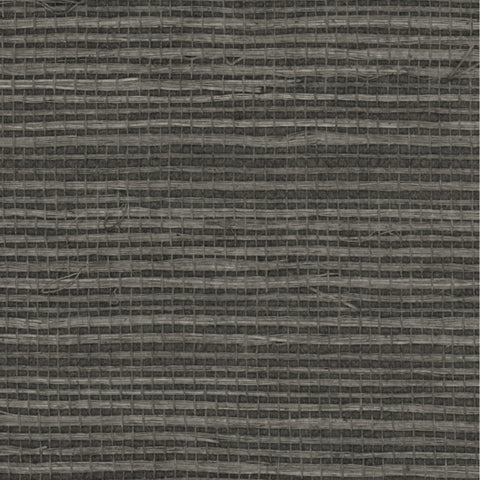 Detail of a sisal grasscloth wallpaper in light gray on a dark gray paper backing.