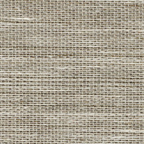 Detail of a grasscloth wallpaper in textured gray and neutral on a paper backing.