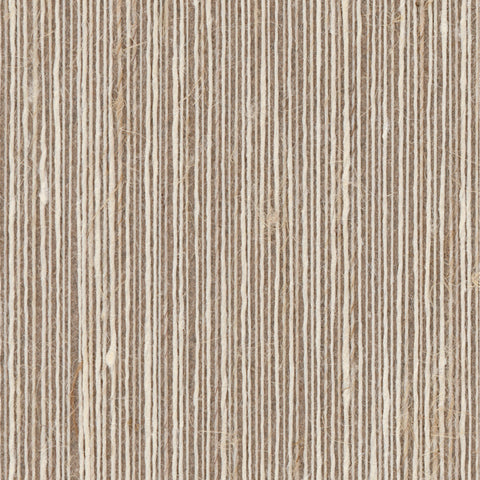 Detail of a grasscloth wallpaper in textured cream string pattern on a brown paper backing.