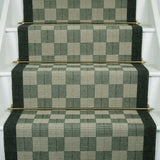 Checks and plaids flatweave runner in green on white staircase