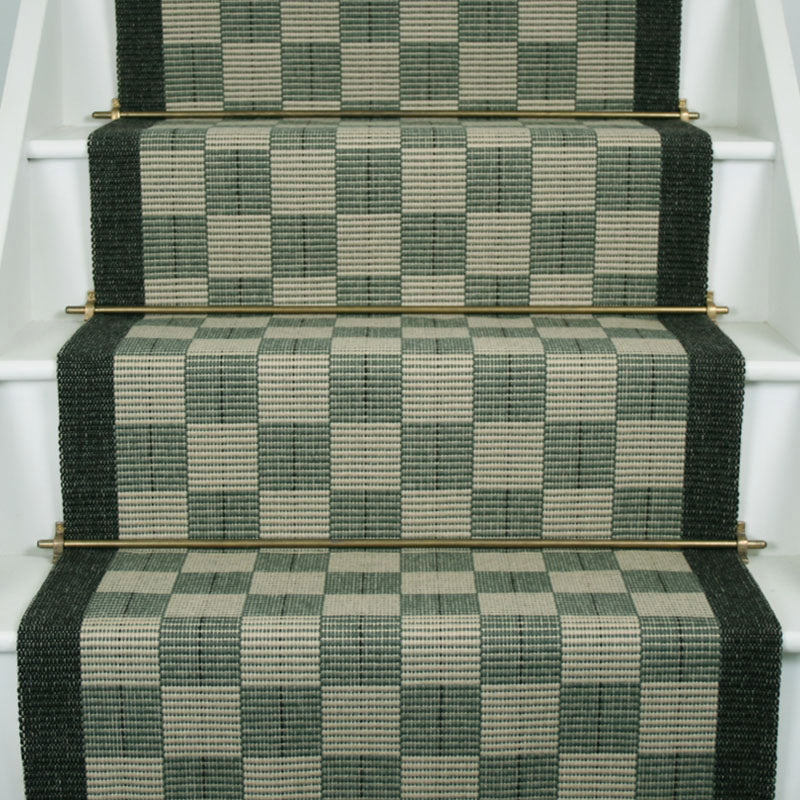 Checks and plaids flatweave runner in green on white staircase