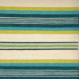 A flatweave rug with mix width stripes in lime green, turquoise, deep teal and ivory.