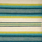 A flatweave rug with mix width stripes in lime green, turquoise, deep teal and ivory.