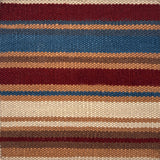 Flatweave rug in a variegated stripe in brown, tan, teal, cream and red. 