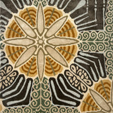 Decorative rug with geometric pattern in brown, black, and beige colors.