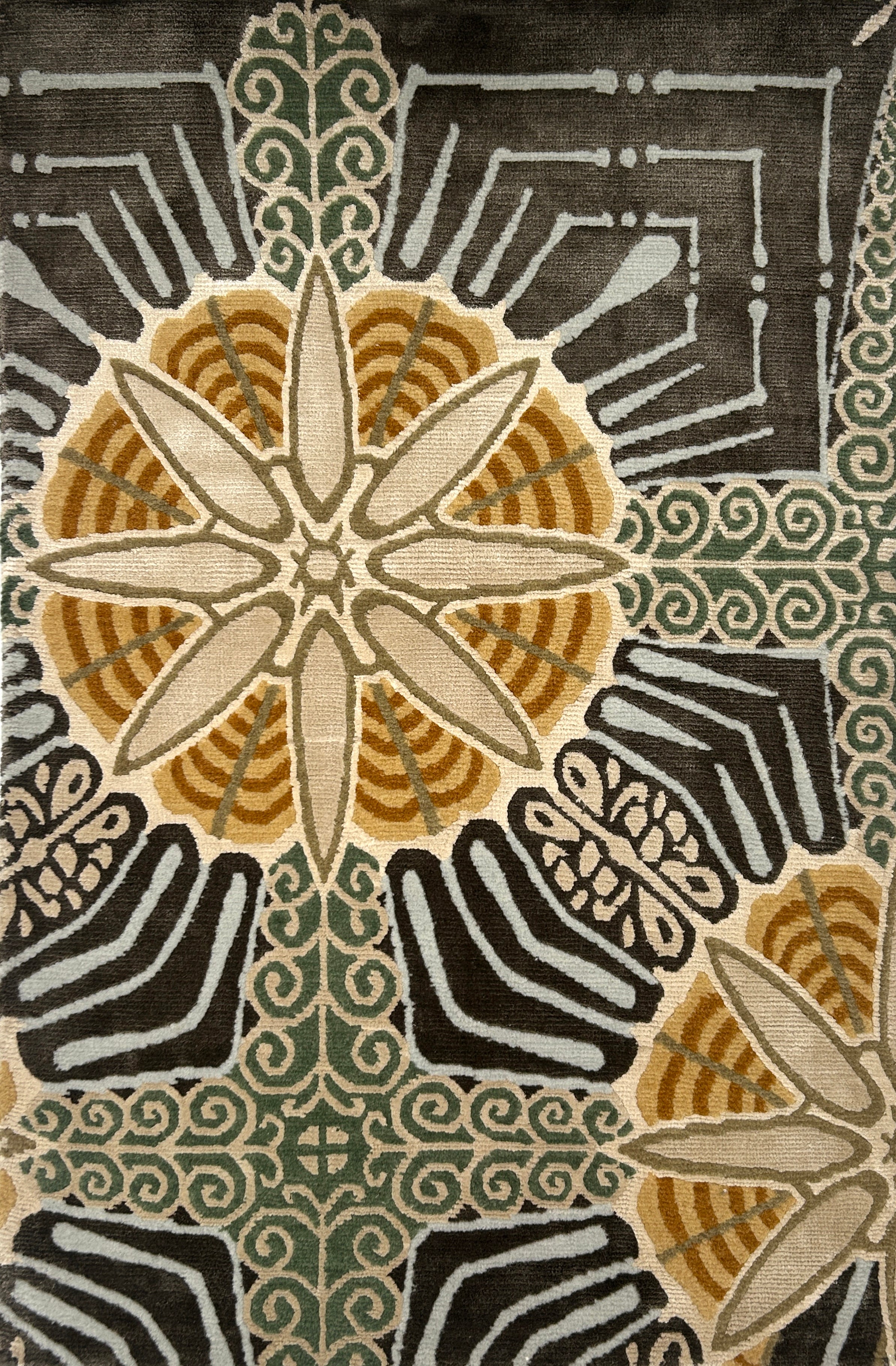 Decorative rug with geometric pattern in brown, black, and beige colors.