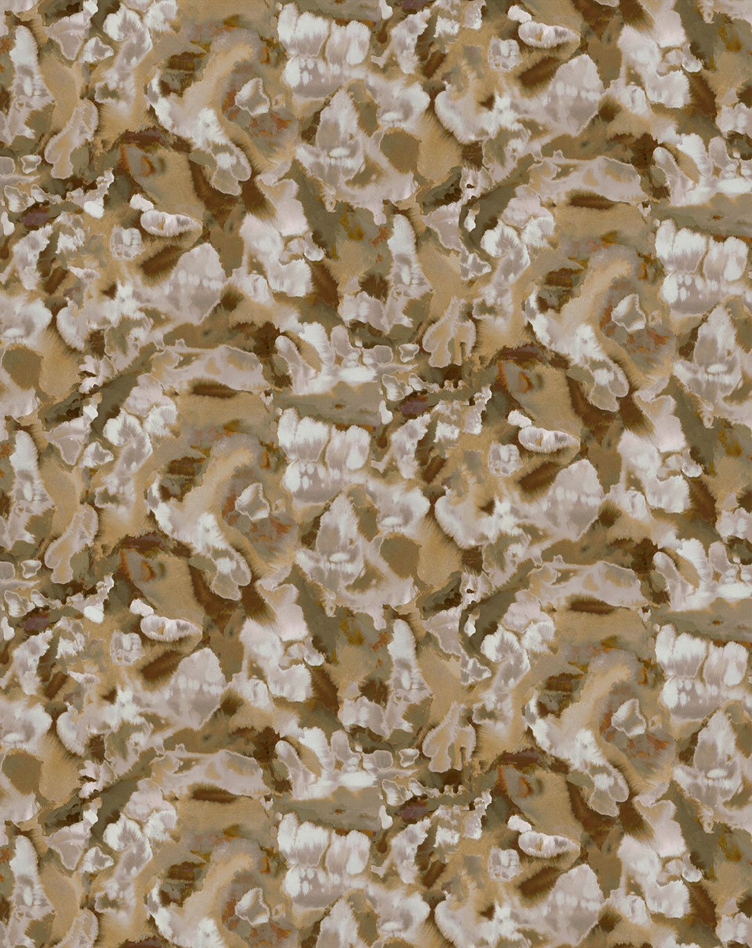 Detail of fabric in an abstract paint print in shades of cream and brown.