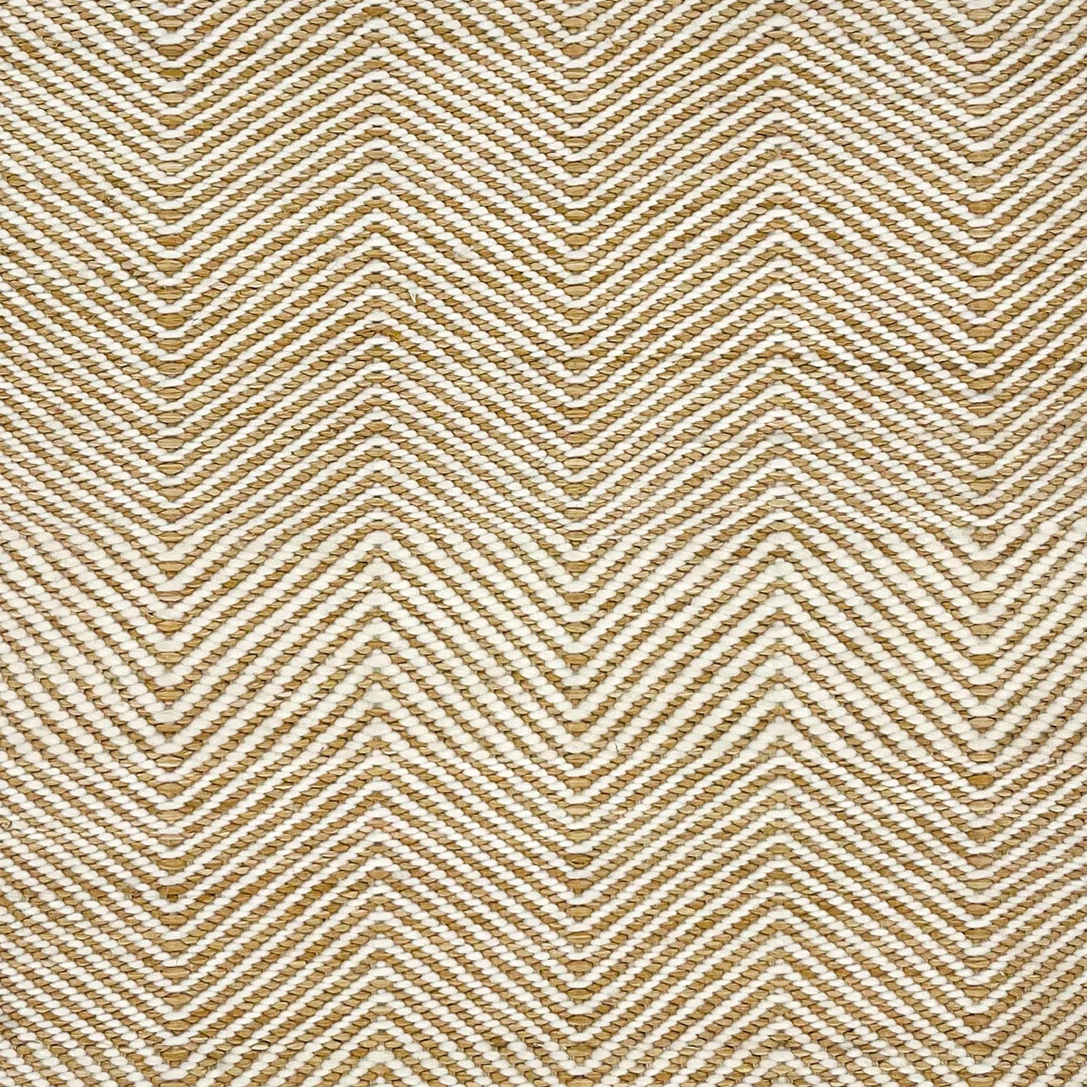 Woven rug swatch with thin chevron pattern in white and taupe