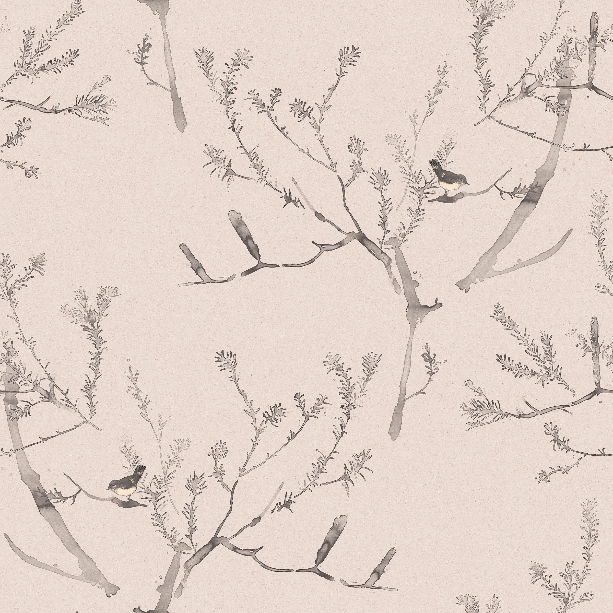 Detail of fabric in a painterly bird and branch pattern in shades of gray on a light pink field.