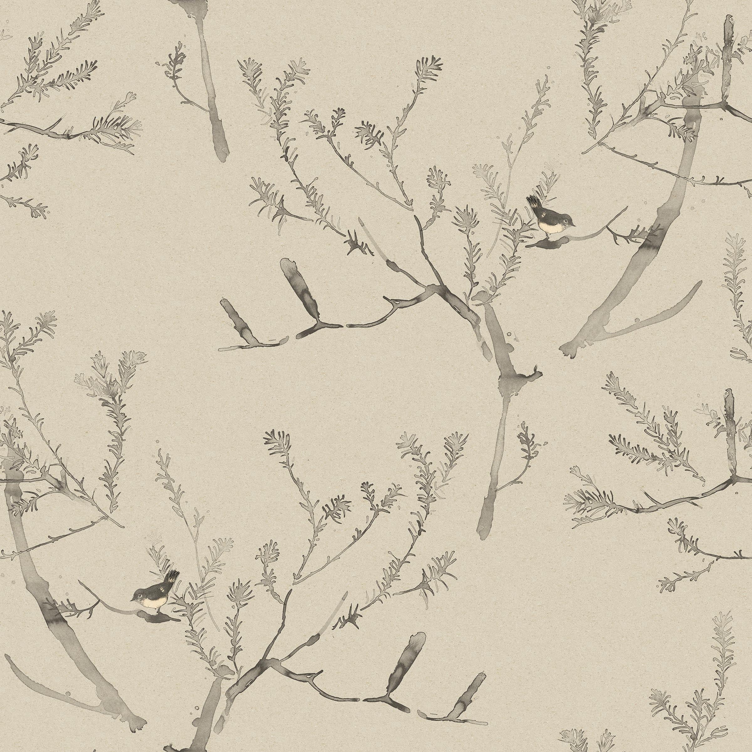 Detail of fabric in a painterly bird and branch pattern in shades of gray on a tan field.