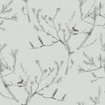 Detail of wallpaper in a painterly bird and branch pattern in shades of gray on a light gray field.