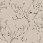 Detail of wallpaper in a painterly bird and branch pattern in shades of gray on a greige field.