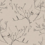 Detail of wallpaper in a painterly bird and branch pattern in shades of gray on a greige field.