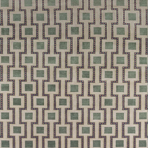 Patterned  handknotted rug with geometric design in green and beige