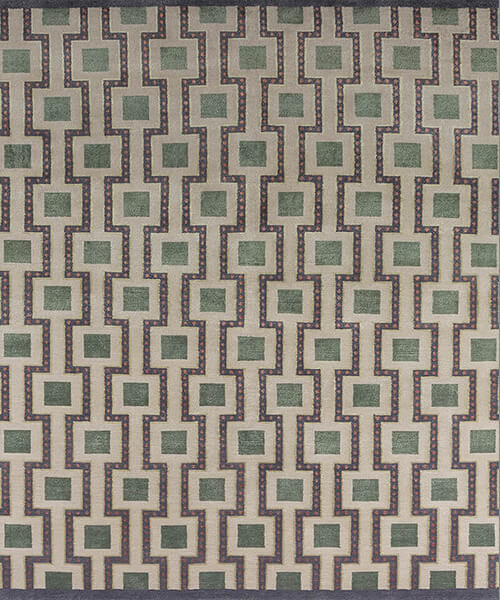 Patterned  handknotted rug with geometric design in green and beige